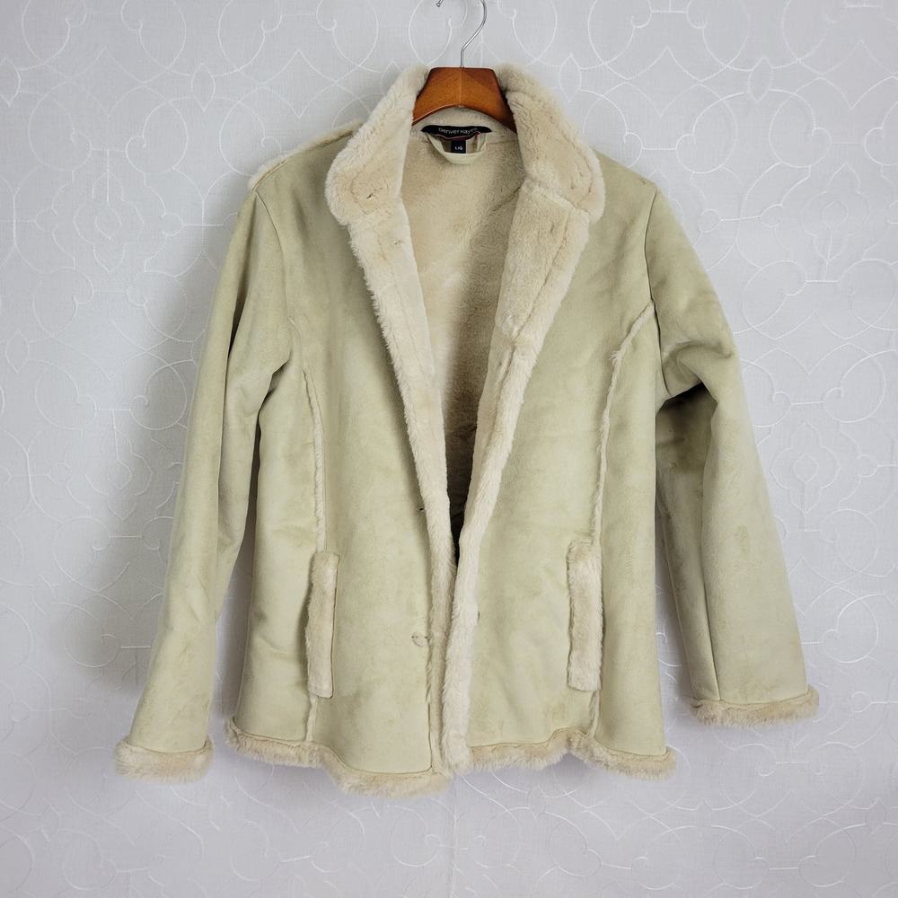 Denver Hayes Womens Winter Jacket Large Beige Green Faux Mock Neck Button Pocket